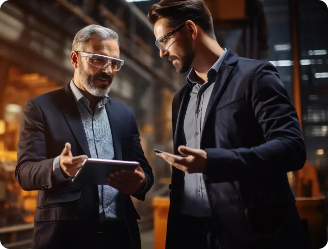 Two engineers in formal attire discussing project plans on a tablet in an industrial setting, representing engineering consultancy services.