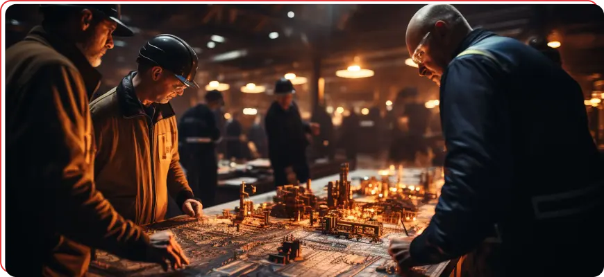 Engineers analyzing an industrial site model in a dimly lit workspace, representing engineering services and planning.